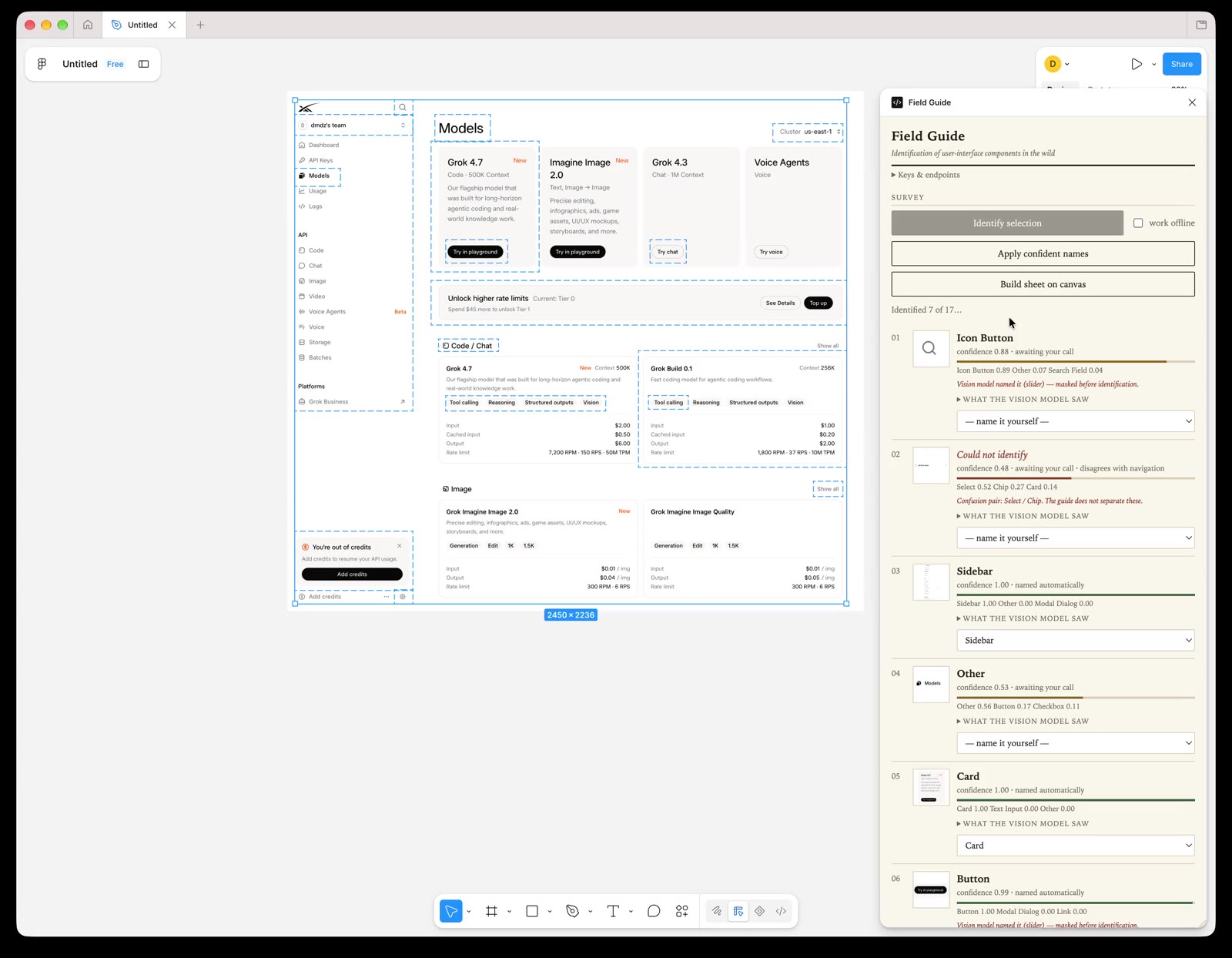 Field Guide in Figma: marked regions on a screenshot and a sheet of the regions grouped by component
