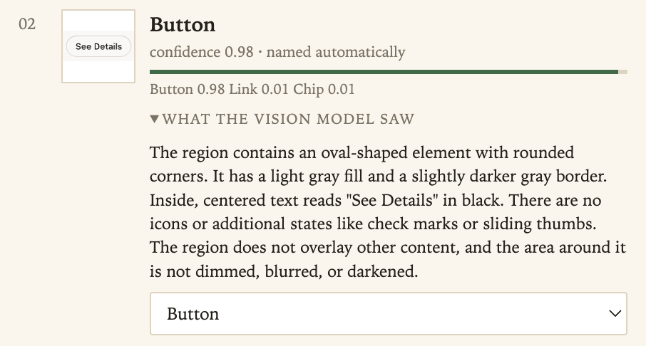 Field Guide showing the vision model's description of a See Details control, with Jev's probabilities above it: Button 0.98, Link 0.01, Chip 0.01.