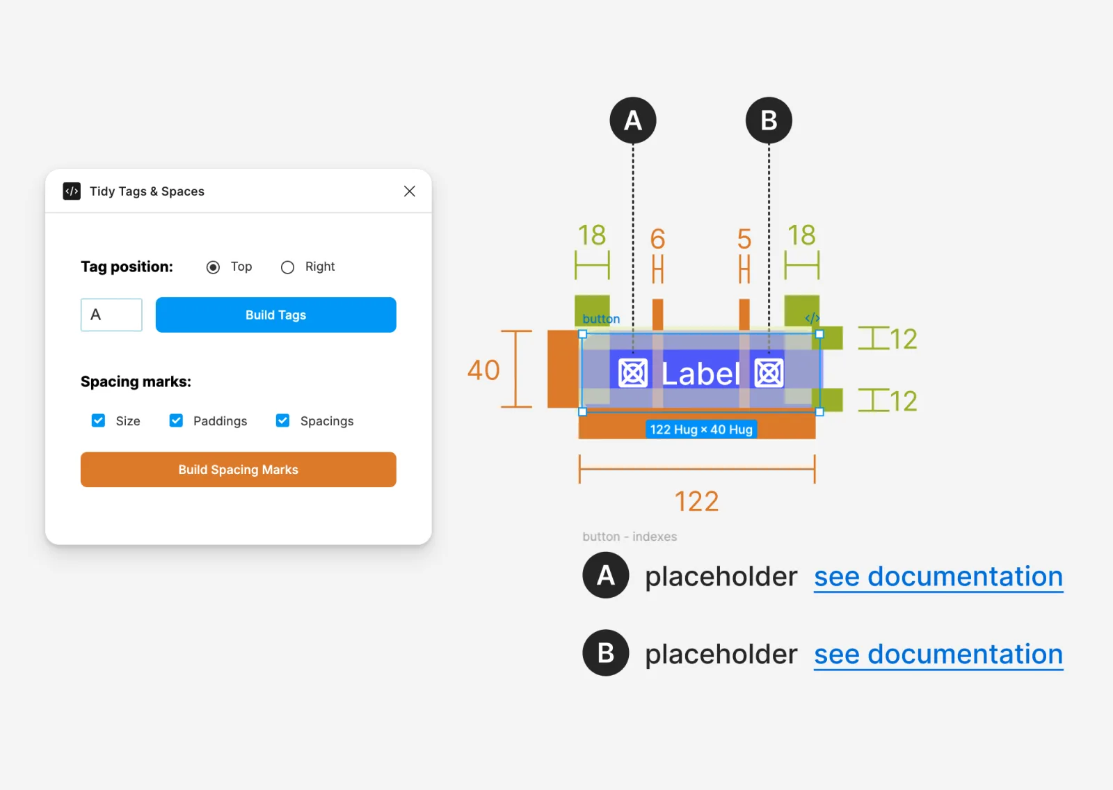 The Tidy Tags and Spaces plugin panel beside an annotated button component