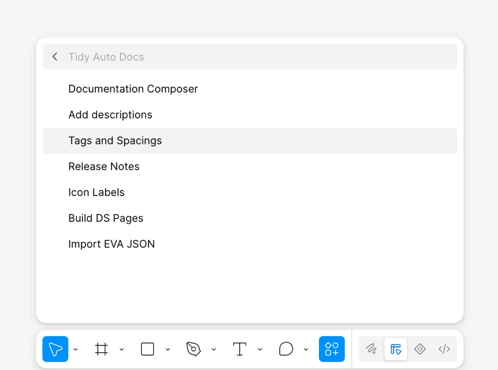 The Tidy Auto Docs plugin menu in Figma