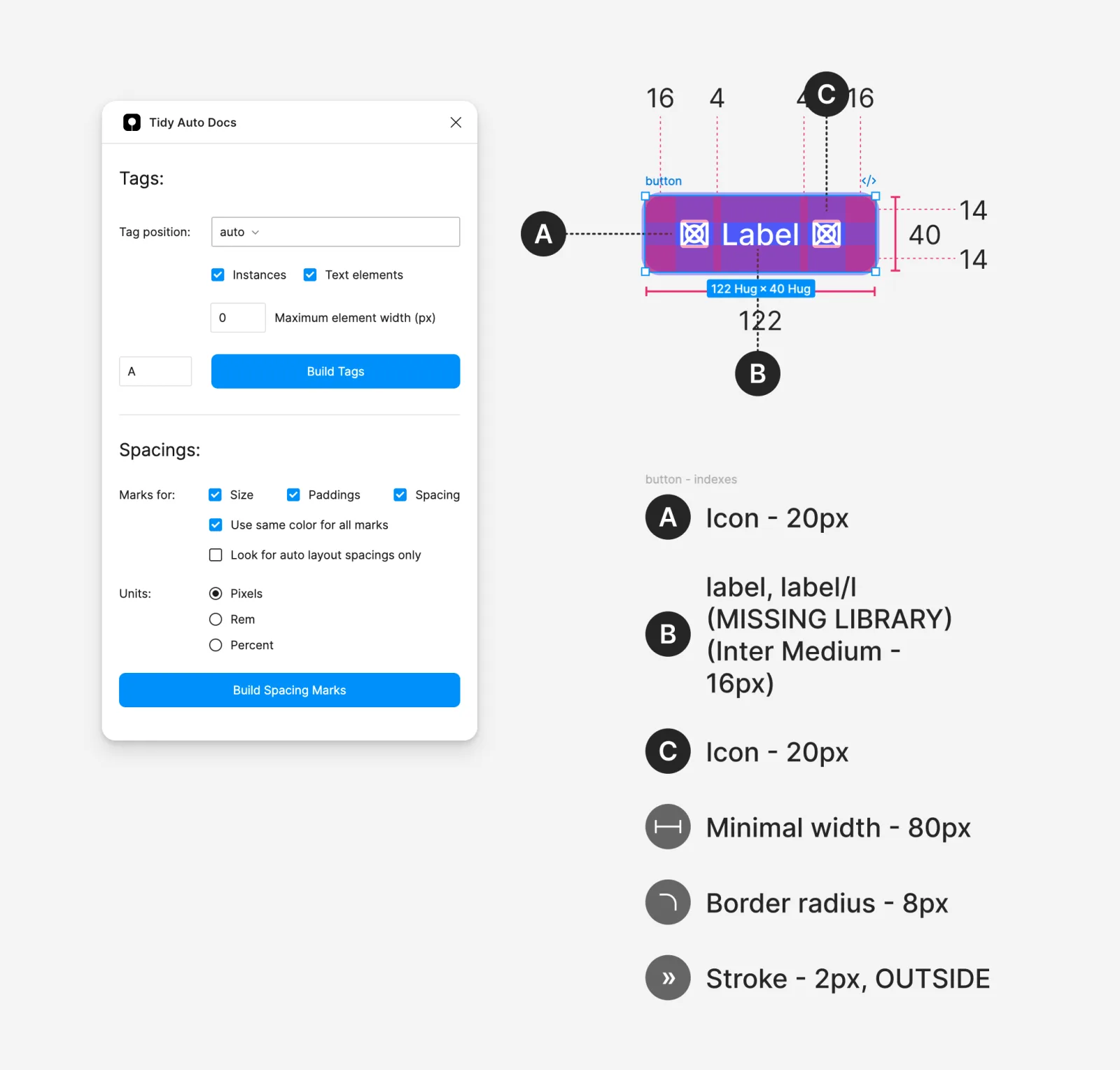 The Tidy Auto Docs panel beside the same button component, now with a full specification index